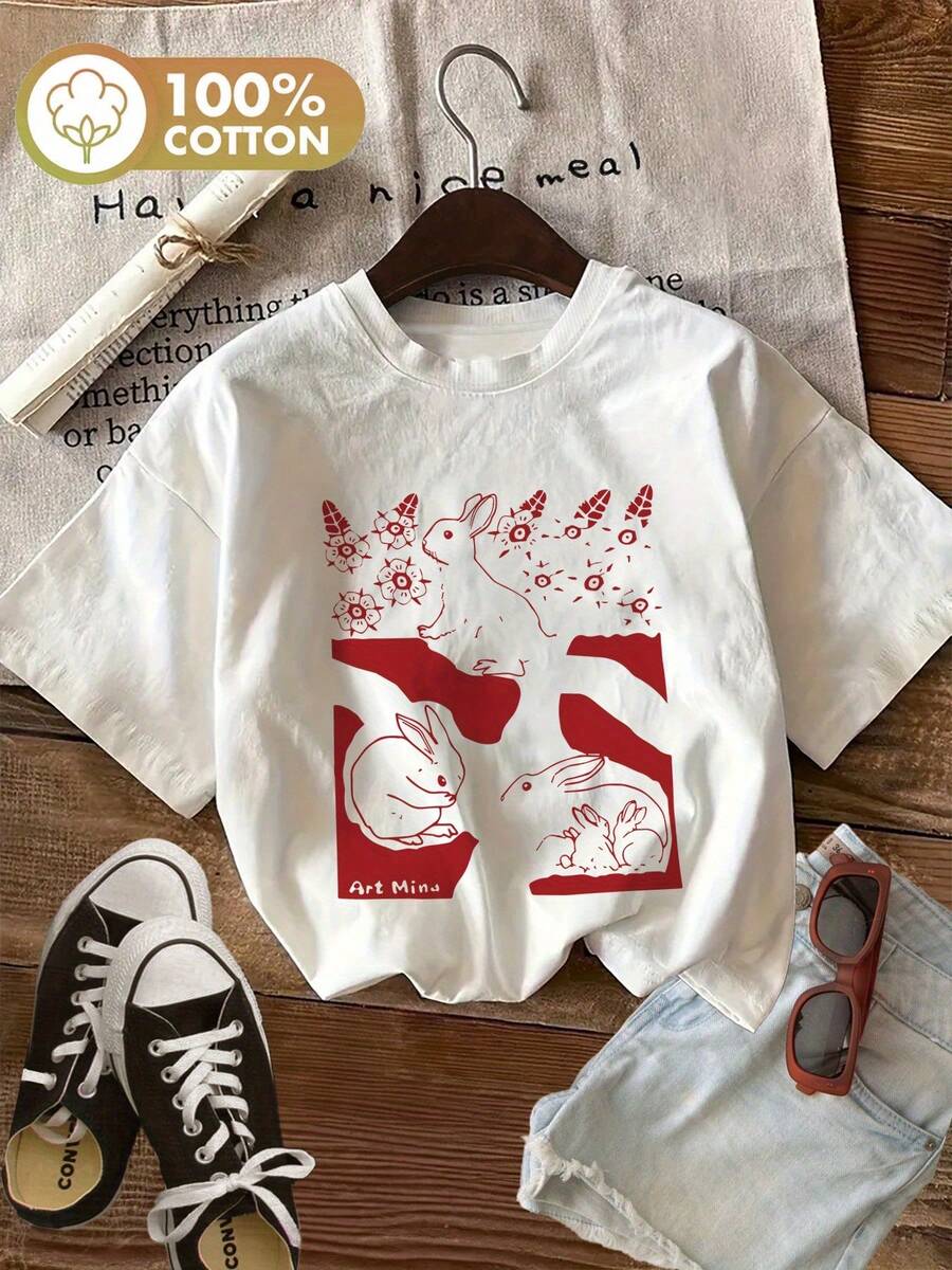 Minimalist. 100% Cotton. 1 Piece. Bunny Motif For Spring And Summer, Pure Cotton, Short Sleeve, Round Neck, Loose Fit, Casual Women's T-Shirt. Spring/Summer Top. - 白色 - 查看 1