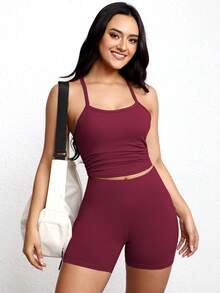 Women's Summer Solid Color Butt-Lifting Pocket Shorts, High Waist Tummy Control, Suitable For Fitness, Yoga, Running, Gym, Tennis Sports - Red - View 6