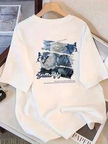 Breathable Plus Size Short Sleeve Butterfly Print T-Shirt For Women, Summer Fun, New Design, Niche Casual Style, Cute Blouses, Casual Blouses For Women, , Women's Sports T-Shirt - 白色 - 查看 1