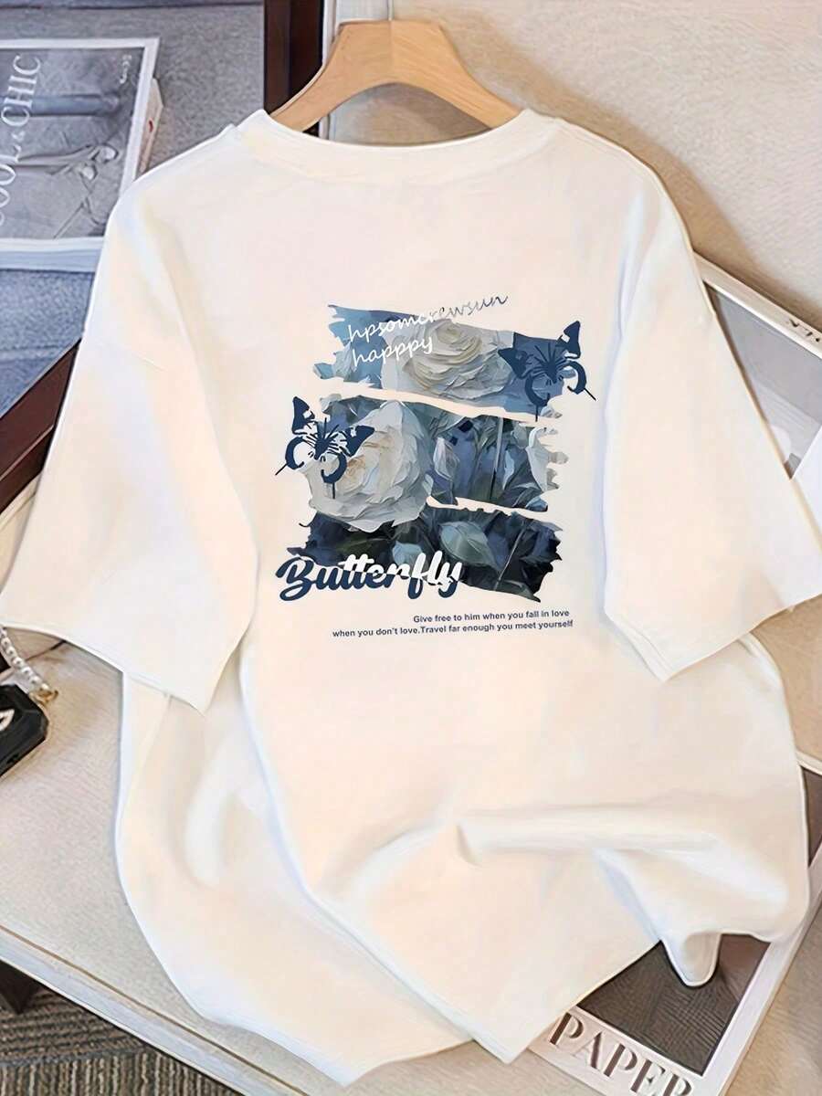 Breathable Plus Size Short Sleeve Butterfly Print T-Shirt For Women, Summer Fun, New Design, Niche Casual Style, Cute Blouses, Casual Blouses For Women, , Women's Sports T-Shirt - 白色 - 查看 1