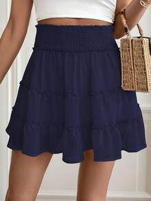 Women's Bohemian High Waist Mini Skirt With Ruffles And Shorts - Lightweight, 100% Polyester, Machine Washable, Solid Color For Casual And Formal Outfits - 海軍藍 - 查看 4