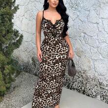 guangzhougaolangshangmao   Vestido ajustado de mujer con estampado de leopardo y encaje en parches - Multicolor - Ver 6