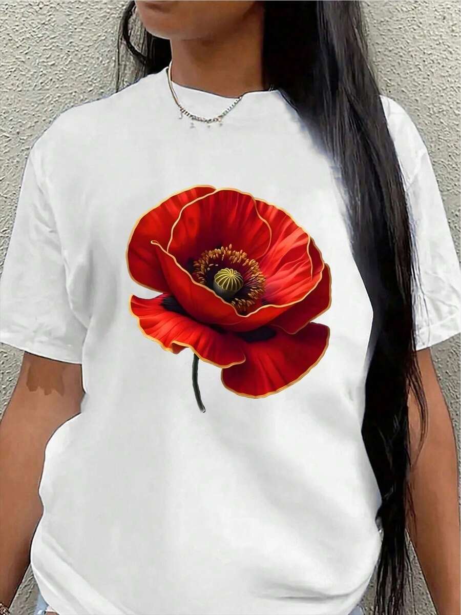 2026 Graphic T-Shirts With Poppy Flower Print, Women's Polyester Short Sleeve T-Shirt, Lightweight And Durable, Perfect For Casual Wear, At Home, Office Or Outdoor Activities, Comfortable Fit With Vibrant Red Floral Design, 100% Cotton - 白色 - 查看 1