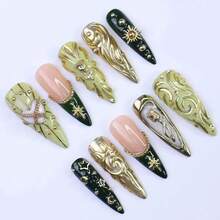 10 Pcs Handmade Press On Nails, Stiletto Shape Fake Nails With 3D Gold Sculpted & Rhinestone Accents, Green & Nude French Tip With Star & Rose Motifs, Reusable False Nail Tips For Women & Girls, Perfect For Parties, Valentine's Day & Daily Wear - 彩色 - 查看 4