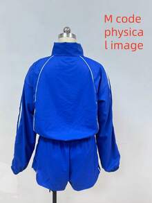 2PC/1set Women's Clothing Sexy Hot Girl Long Sleeve Zipper Contrast Color Ribbon Shorts Women's Two-Piece Set,Women Outdoor Sets - 深藍色 - 查看 3