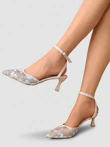 Elegantes tacones altos de punta con bordado floral de malla, atuendos de verano - Azul - Ver 9