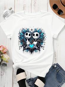 Disney Crew Neck  T Shirt Black Jack Skellington And Sally Heart Design For Casual Wear - White - View 3