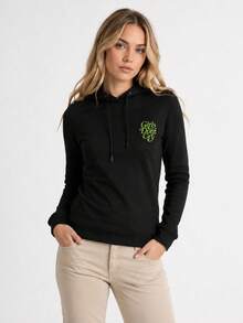 Women's Short Sweatshirt, Hooded Sweatshirt, Pulls On Over The Head, Waist Length, Sleeves And Hem Finished With Cuffs, Decorative Print, The Sweatshirt Is Smaller Than The Label Suggests. - Black - View 2