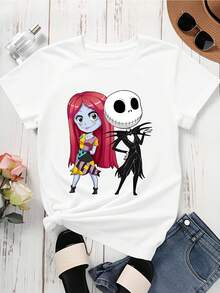 Disney Cute Cartoon Characters  T Shirt Black Jack Skellington And Sally Print For Women Casual Wear Halloween Party Outfit - 白色 - 查看 3