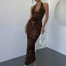 guangzhougaolangshangmao  Nuevo vestido elegante y romántico con cuello en V, estampado floral efecto tie-dye, ajustado, color marrón, vestido de verano, atuendo para playa y vacaciones - Marrón - Ver 8