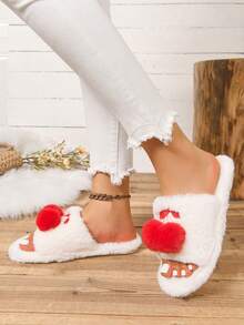 CMLM Women's Home Slippers Open Toe Cartoon Embroidered Cherry Indoor Slip-On Fuzzy Slides - White - View 5