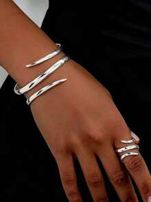2pcs Minimalist Luxury Smooth Line Stainless Steel Bangle & Gold Ring Set, Fashionable Versatile Elegant Accessories Suitable For Women's Daily Wear - Gold - View 4