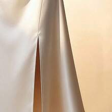 Vestido maxi elegante de satén marfil sin mangas con cuello en V, cintura fruncida y abertura lateral, de alta calidad para ocasiones formales y citas. Vestido de satén marfil, vestido de seda blanca, vestido formal de color champán, vestido formal elegante para mujer, vestido clásico elegante, vestido envolvente de satén, vestido formal midi, vestido sin mangas, vestido de satén para recepción de boda, vestidos para ocasiones especiales, vestido de satén - Albaricoque - Ver 5