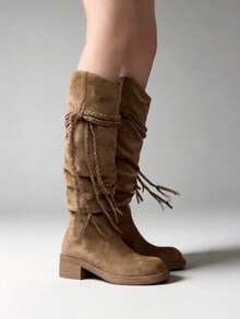 2026 New Retro Fringe Tall Boots Women Vintage Apocalyptic Style Chunky Heel Over-The-Knee High Boots - Brown - View 8