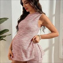 WNS  Conjunto de camiseta y pantalones cortos de mujer embarazada de estilo casual con cuadros de tweed y abertura lateral, adecuado para vacaciones, ocio de moda y otras ocasiones - Rosa - Ver 6