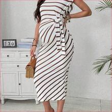VUUG
  Vestido casual de maternidad de cuello redondo, manga corta y con lazo lateral, a rayas, para verano - Cafetería - Ver 6