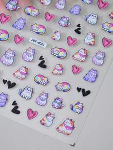 1pc Embossed Thin & Tough Watercolor Cat Heart Nail Stickers, Cartoon Theme, Shiny Glossy Effect, Asymmetrical Shape, Suitable For Women's Manicure, Foot Care, Holiday Decoration - Multicolor - View 4