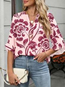 Plus Size Women Floral Print Ruffle V-Neck Blouse Pink Vacation - Pink - View 2