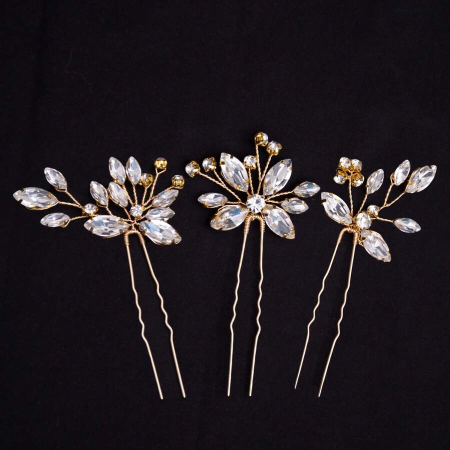 3pcs Rhinestone Hair Stick Asymmetrical Hair Pin Bridal Headpiece Wedding Accessories - Gold - View 1