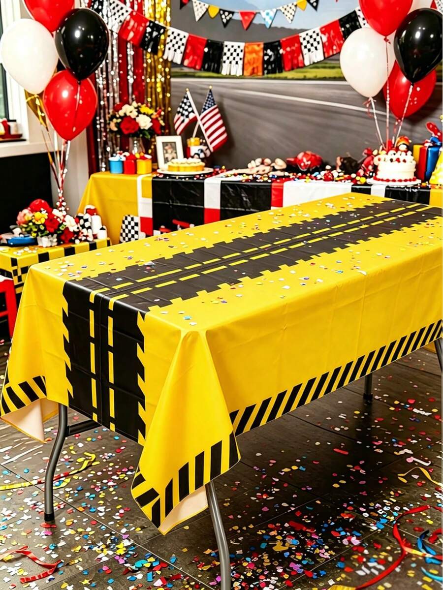 1pc Racing Theme Tablecloth, Yellow And Black Racing Pattern Table Cover, Baby Shower Party Tablecloth, Racing Birthday Party Decoration, Gender Reveal Party Decoration Table Runner, Racing Theme Party Supplies, Racing Game Table Decoration, First Tooth Party Decoration, Welcome Newborn Party Decoration Table Runner, Racing Room Decoration, Home Decoration, Outdoor Decoration Disposable Tablecloth, 1st Birthday Gift