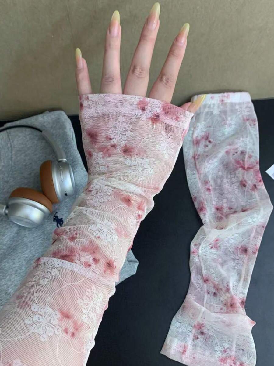 1雙女款紮染蕾絲網眼露指袖套，柔軟薄款透氣造型手臂套