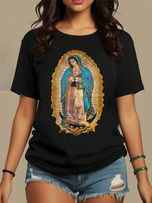 Camiseta de mujer 100% algodón 180g, Imagen de la Virgen de Guadalupe simbolizando esperanza protección y fe con manto azul y fondo dorado sagrado camiseta para mujer 100% algodón suave y cómoda para uso diario - Negro - Ver 1
