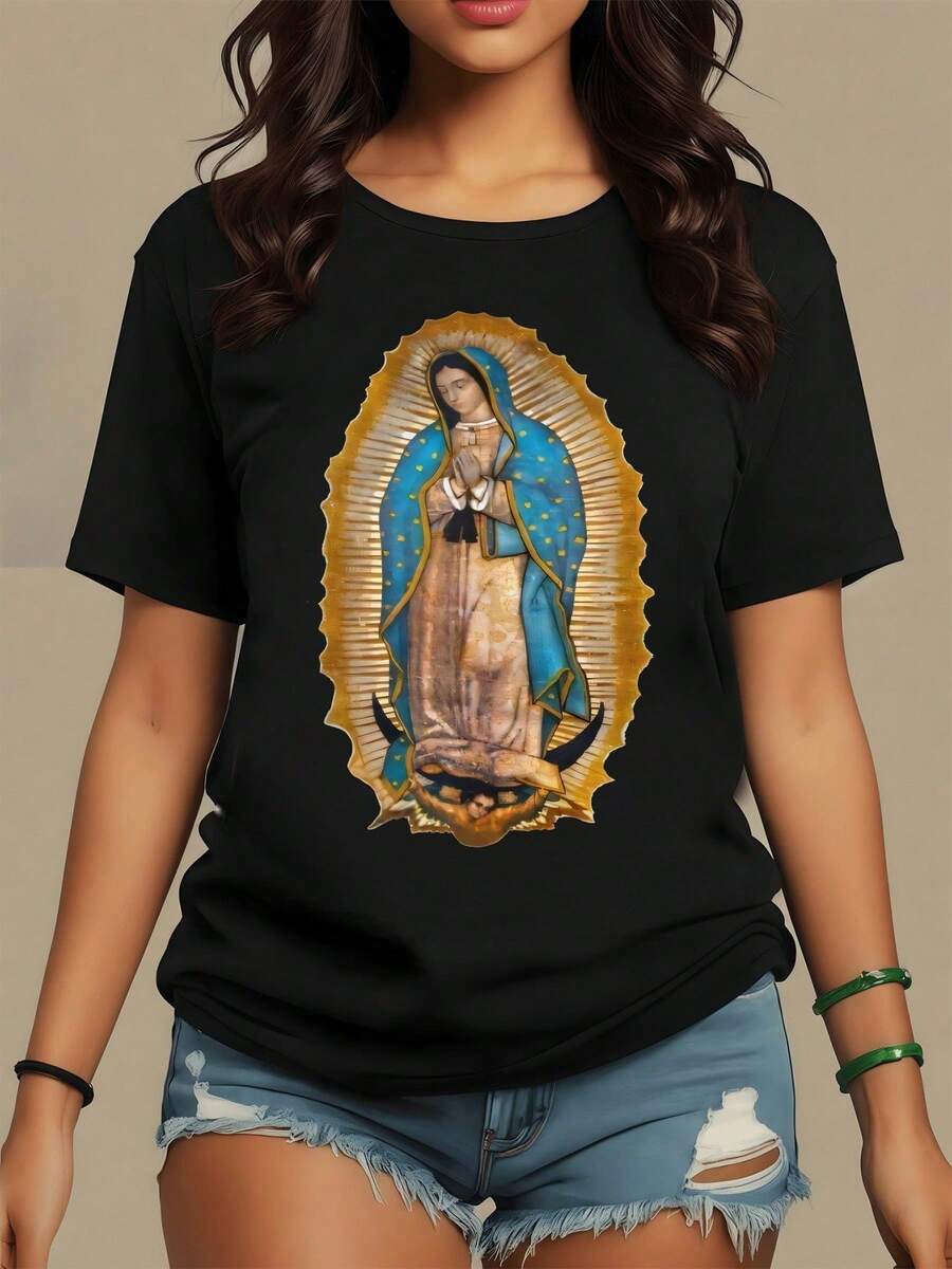Camiseta de mujer 100% algodón 180g, Imagen de la Virgen de Guadalupe simbolizando esperanza protección y fe con manto azul y fondo dorado sagrado camiseta para mujer 100% algodón suave y cómoda para uso diario - Negro - Ver 1