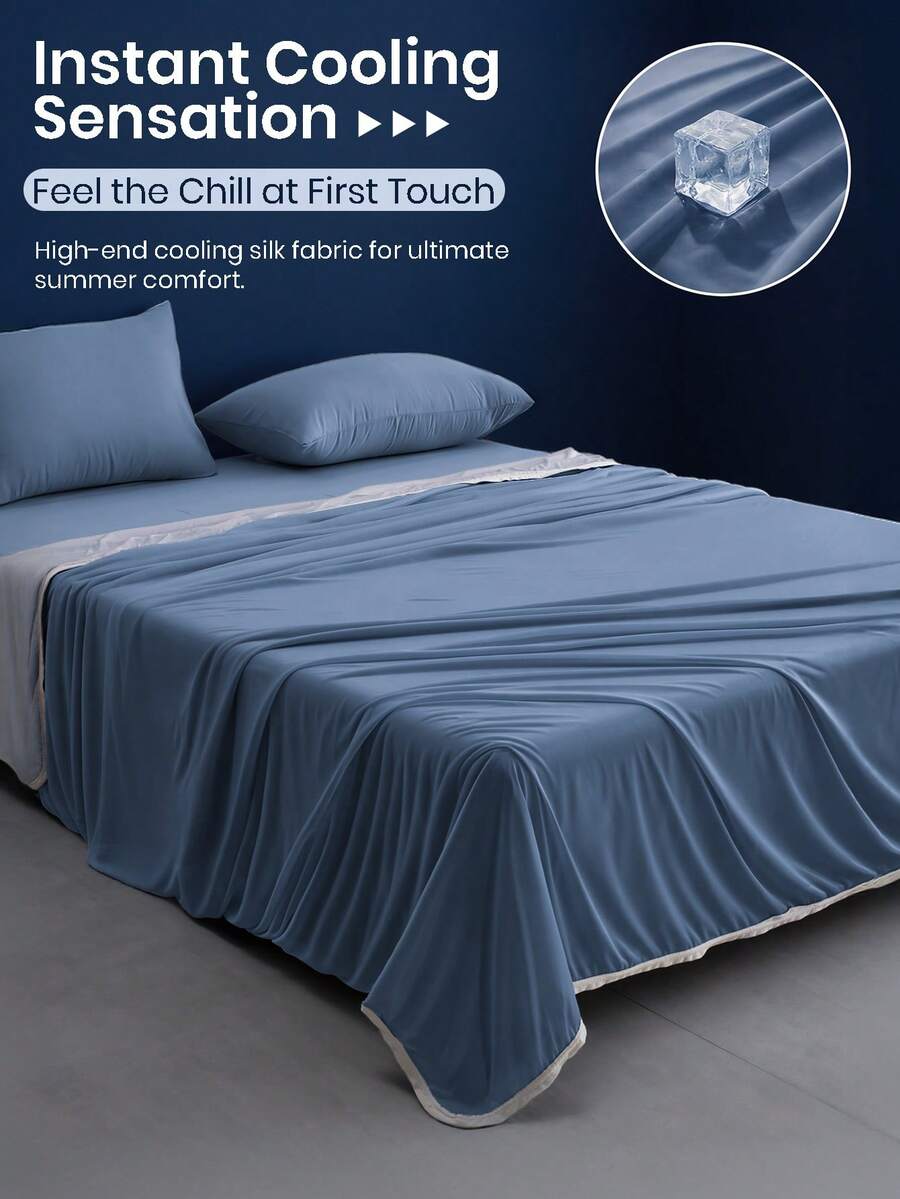 1pc Deep Blue Cooling Blanket, Minimalist Style / Made Of Cooling Fiber Fabric / Reinforced Edges / Provides A Cool And Comfortable Experience For Those Who Feel Hot, Machine Washable, Lightweight And Portable, Suitable For Bedroom And Various Scenes