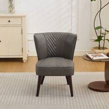 Armless Lounge Chair In Light Brown Genuine Leather – Solid Rubberwood Base, Modern Comfort - 灰色 - 查看 7