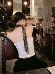 Korean Y2K Vintage Style Women's Leopard Print Bow Pattern Ruched Side Fitted Short Smooth Tube Top With Leopard Print Scarf Casual Summer White - White - View 6