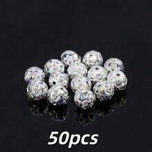 50pcs Shiny Mixed Color Copper Rhinestone Pave Ball Beads, Sparkly Flower Pattern Crystal Spacer Beads For DIY Jewelry Making - Multicolor - View 7