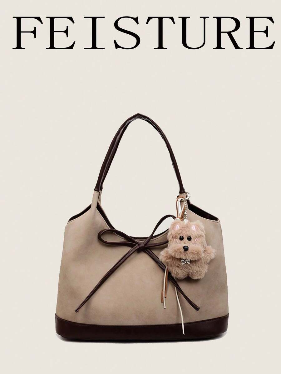 1pc Fashion Color Block PU Leather Handbag, Stylish Shoulder Tote Bag, Suitable For Daily Outing, Dating, Commuting, Comes With Pendant