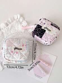 1Pc Kawaii Quilted Mini Storage Pouch With Lace-Up, Floral Bow Print Cosmetic & Sanitary Pad Bag, Portable Travel Organizer For Small Items - Multicolor - View 11