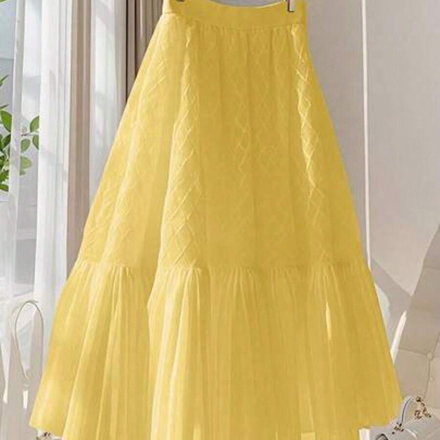 Falda plisada de línea A de gasa versátil y elegante para uso diario, de estilo de moda para mujer, verano - Amarillo - Ver 1