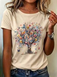 Women's Oversized Graphic Print T-Shirt, Spring/Summer, Multicolor Butterfly Floral Tree Print, Round Neck, Regular Fit - 白色 - 查看 7