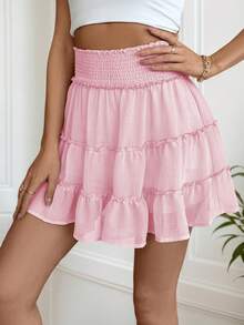 Women's Bohemian High Waist Mini Skirt With Ruffles And Shorts - Lightweight, 100% Polyester, Machine Washable, Solid Color For Casual And Formal Outfits - Rosa - View 4