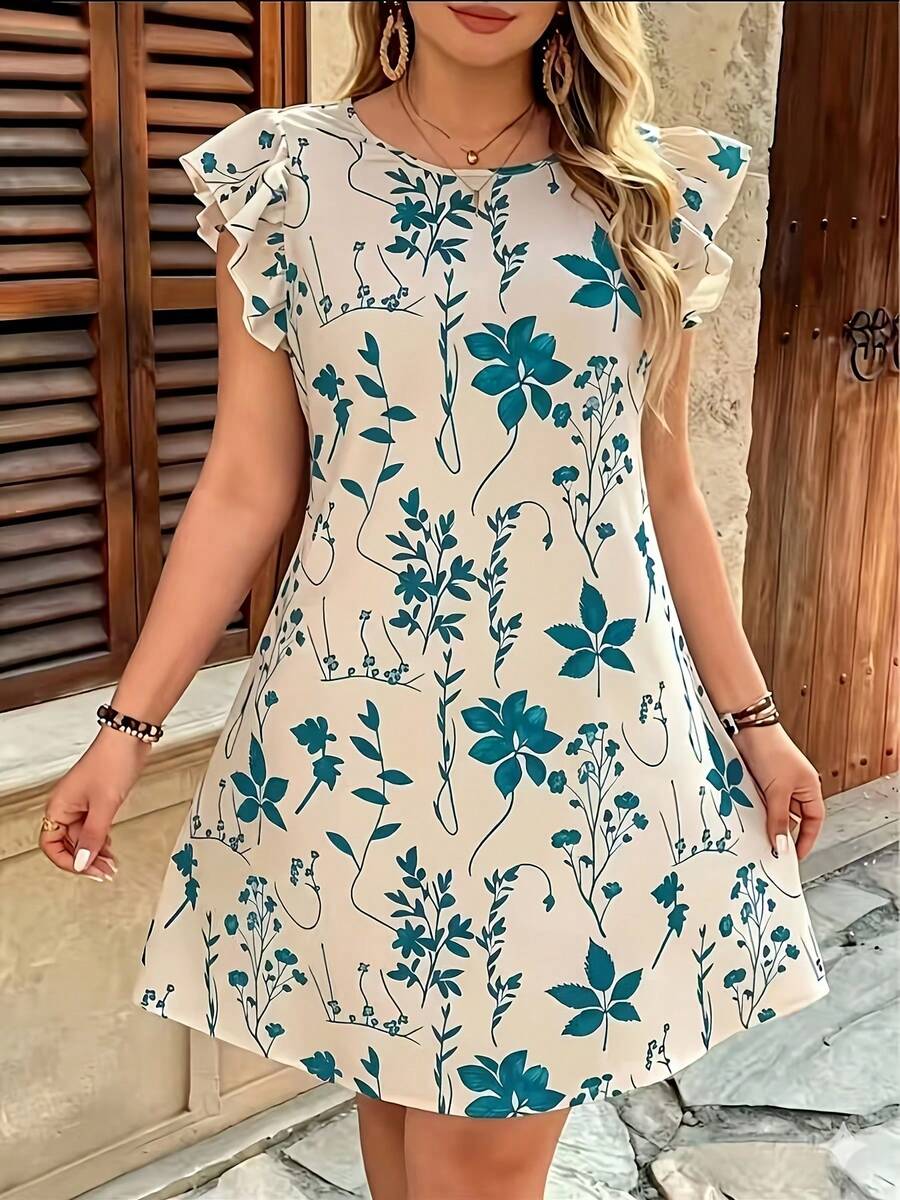 Wine Red Summer Dress With Floral Print And Ruffled Hem, Loose Fit And Festive Style With Ruffled Sleeves And Flare - 紅色 - 查看 1