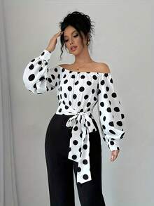Elegant Women's Off-Shoulder Blouse With Polka Dots And Front Bow - Puff Sleeves, Round Neck, White, Machine Washable, Ideal For Casual Or Semi-Formal Wear In All Seasons - 彩虹般的色彩 - 查看 1