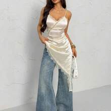 ghadjgyjad  PETITE Vestido corto de verano 2026 de mujer con tirantes finos, asimétrico, de unicolor con encaje de contraste, de estilo minimalista y de moda - Crema - Ver 4