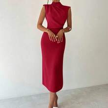 LunaCass8  Vestido largo de verano elegante y minimalista para uso diario, viajes y ocasiones casuales, con cuello mao, mangas drapeadas y cintura ceñida, color albaricoque - Marrón - Ver 4