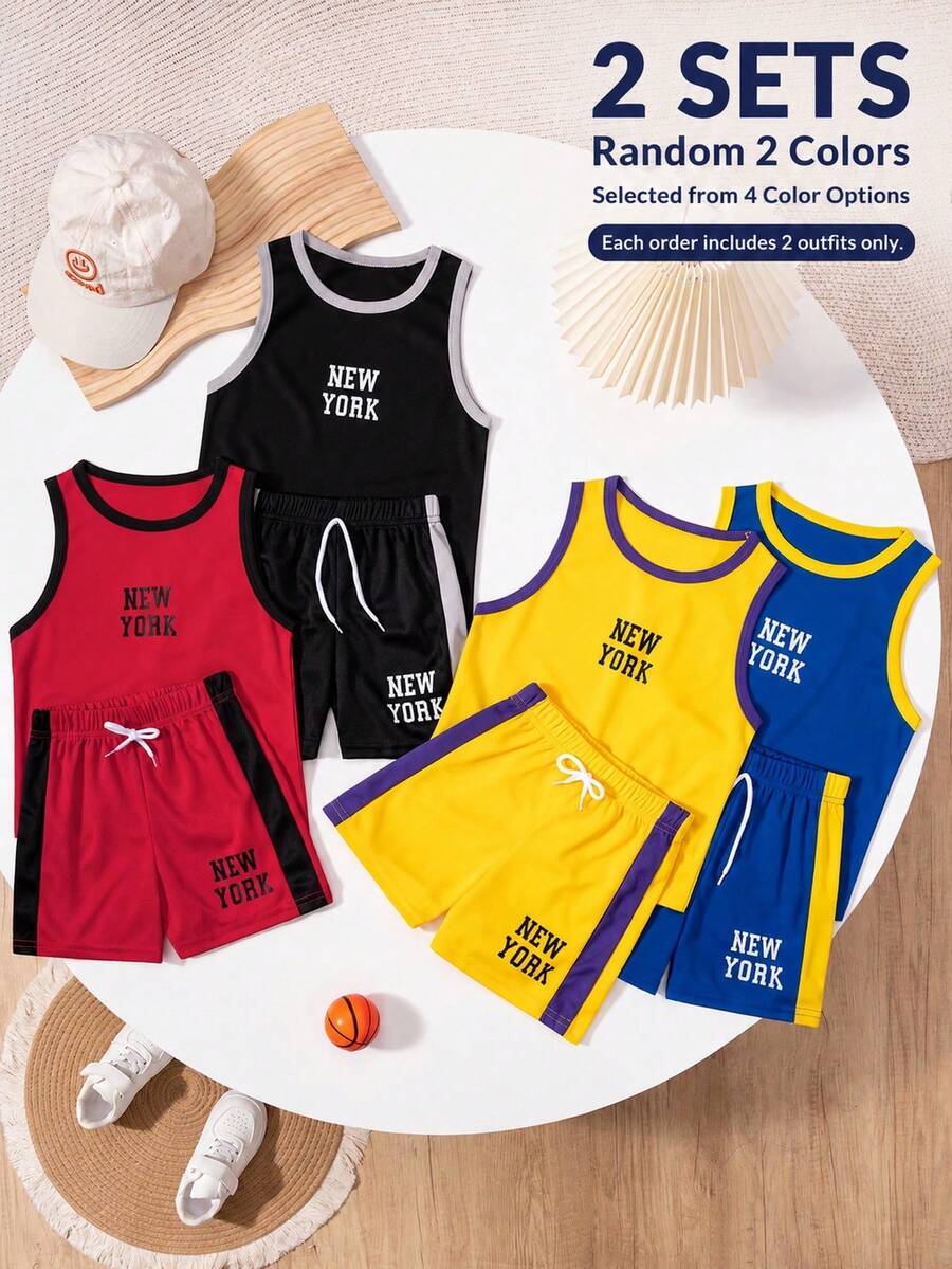 2 Sets Young Boys Summer Vest & Shorts Set, Random 2 Colors From 4 Options, Casual Sports Outfit For Daily Wear, Football & Basketball - Multicolor - View 1