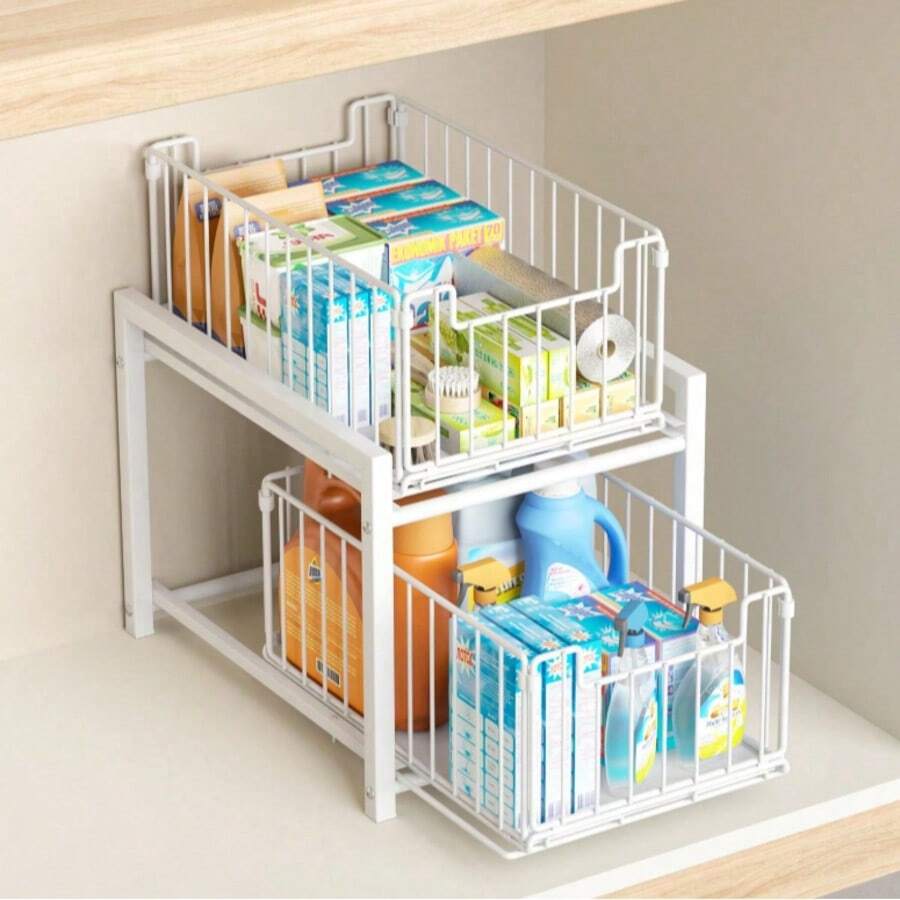 1個 収納ラック シンク下ラック キッチン収納 2段引き出し式 スライド式 30KGまで耐重 調味料、化粧品、洗剤、小物収納 キッチン、リビング、バスルーム、キャビネットに適用 ブラック - ホワイト - チェックする 1