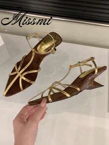 Retro Thin Strap Sandals, Unique Design Asymmetric Wedge High Heels, Open Toe, Summer Shoes For Women - Gold - View 1