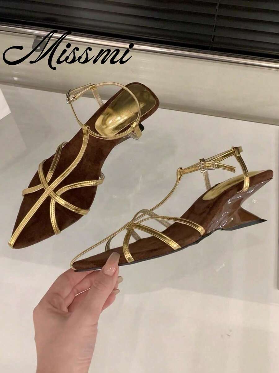 Retro Thin Strap Sandals, Unique Design Asymmetric Wedge High Heels, Open Toe, Summer Shoes For Women - Gold - View 1