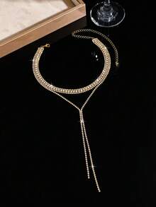 1 buah Perhiasan Pengantin Eropa-Amerika Emas Berlapis-lapis dengan Rumbai Berlian Imitasi Mewah untuk Pesta, Kalung Tulang Selangka - Emas - View 4
