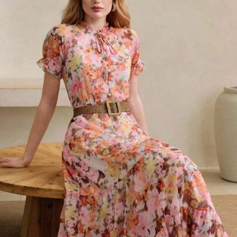 jianchaimaoyi02 Vestido corto con estampado floral, manga corta con volantes y bajo con volantes de gasa para mujeres - Rosa - Ver 1
