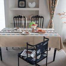1PC Beige Geometric Retro Print Tablecloth With Tassel Edge, Rectangular Anti-Stain Dining Table Mat For Home Use - Multicolor - View 3
