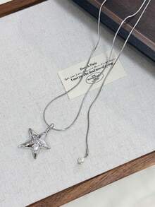 Silver Star Pendant Necklace For Women, Ins Niche High-End Versatile Sweater Chain, Adjustable Long Length Accessory - Silver - View 8