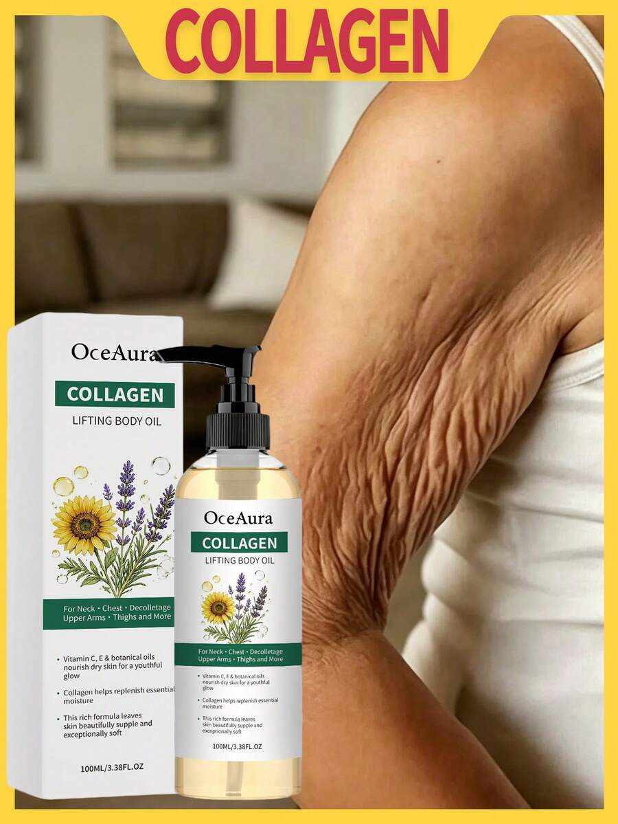 OceAura 1盒100ml膠原蛋白緊緻身體油，手臂提拉緊緻霜，腹部塑形護理霜，身體緊緻護理油，植物維生素C&E身體油，適用於頸部、胸部、大腿、腹部及其他身體部位，適合乾性肌膚與提升肌膚彈性，恢復年輕光彩，方便日常攜行與出遊