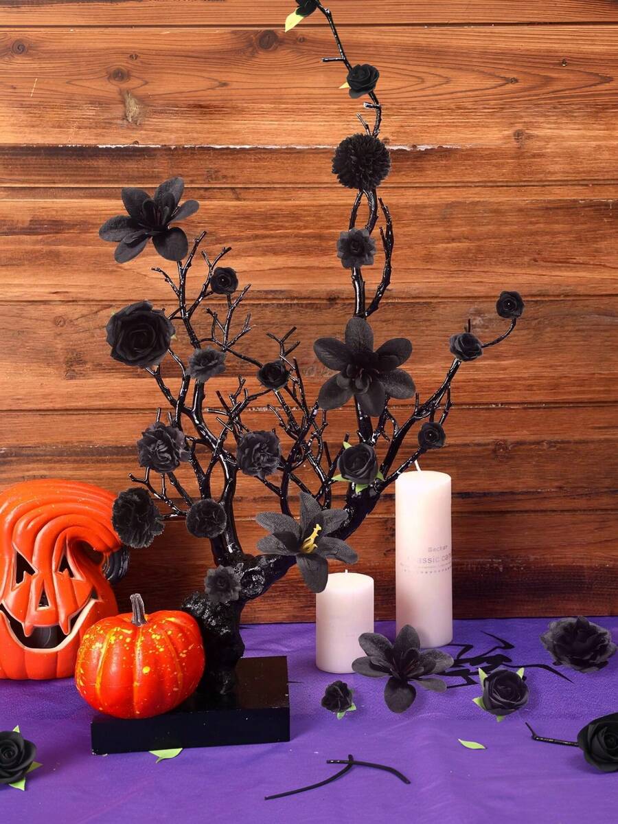 48pcs Mixed Color Artificial Flowers, Including Artificial Roses, Peonies, Daisies, Etc., Suitable For Wedding/Home Decor, Wreaths/Hats, Floral Decoration And Table Centerpiece - Black - View 1